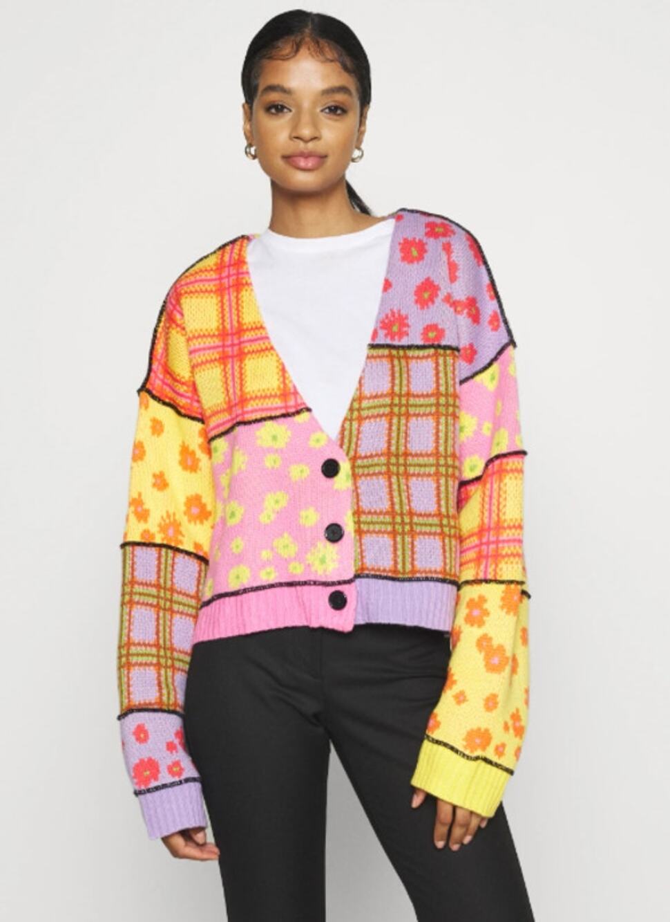 The Ragged Priest Patchwork Daisy Check Cardigan Plaid Oversized Sweater